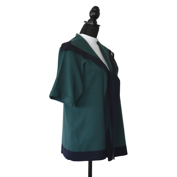 C0 Auth ESCADA Green Navy Trim Wool Knit Open Front Short Sleeve Jacket Size 44 - Picture 2 of 11